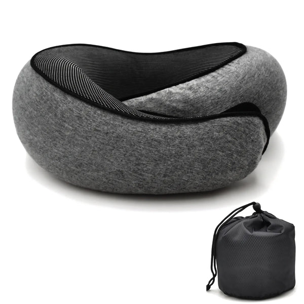 Dark Black | Roll-Up Memory Foam Travel Neck Pillow, angled view with storage bag