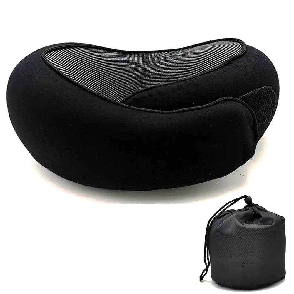 Black | Roll-Up Memory Foam Travel Neck Pillow, angled view with storage bag