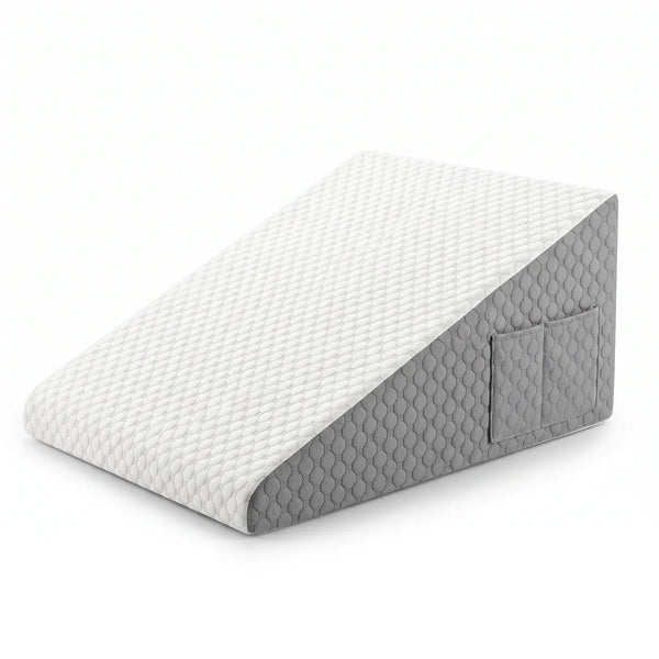 White and Gray | Foam Wedge Pillow for Elevated Sleeping, three-quarter view with side pocket