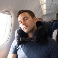 Black | Fillable Washable U-Shaped Travel Pillow, worn, man sleeping on an airplane