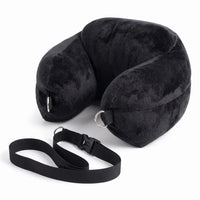 Black | Fillable Washable U-Shaped Travel Pillow, close-up of the adjustable strap and D-rings