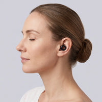 Black | Quiet Silicone Ear Plugs for Sleep & Motorcycling, worn, woman