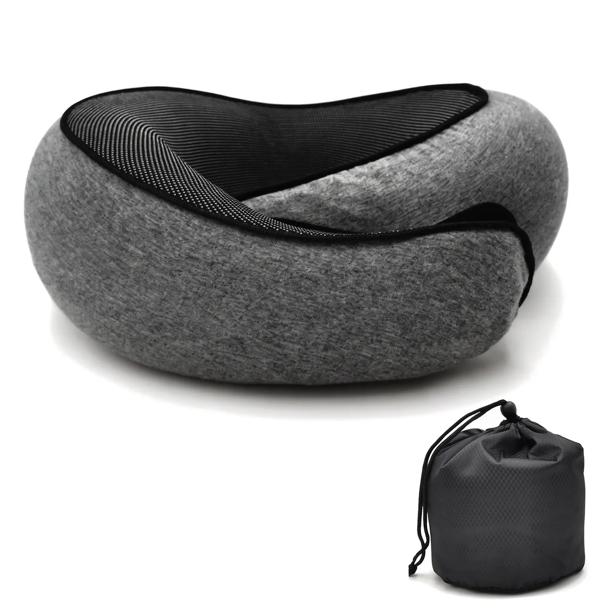 Dark Black | Roll-Up Memory Foam Travel Neck Pillow, angled view with storage bag