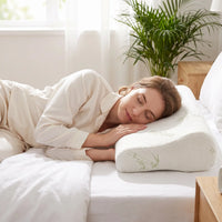 Bamboo Memory Foam Pillow with Zip Cover (50×30 cm), worn, woman sleeping on her side