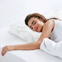 Bamboo Memory Foam Pillow with Zip Cover (50×30 cm), worn, woman sleeping on her back