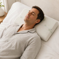 Bamboo Memory Foam Pillow with Zip Cover (50×30 cm), worn, man sleeping on his back