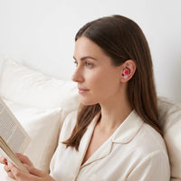 Red-04 | High-Fidelity Washable Silicone Ear Plugs, worn, reading profile