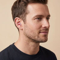 Red | High-Fidelity Concert Ear Plugs with Case, worn, man wearing