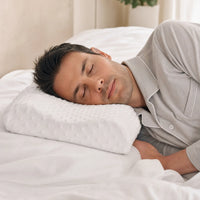 White | Orthopedic Memory Foam Pillow for Side Sleepers, worn, man sleeping on his side