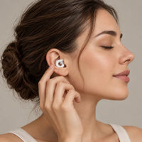 White | Soft Silicone Ear Plugs for Sleeping & Swimming, worn, woman adjusting
