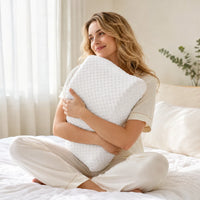White | Orthopedic Memory Foam Pillow for Side Sleepers, woman holding the pillow in bed