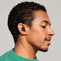 Black | Soft Silicone Ear Plugs for Sleeping & Swimming, worn, man wearing