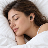 Black | Soft Silicone Ear Plugs for Sleeping & Swimming, worn, woman sleeping