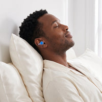 Blue-04 | High-Fidelity Washable Silicone Ear Plugs, worn, headboard profile