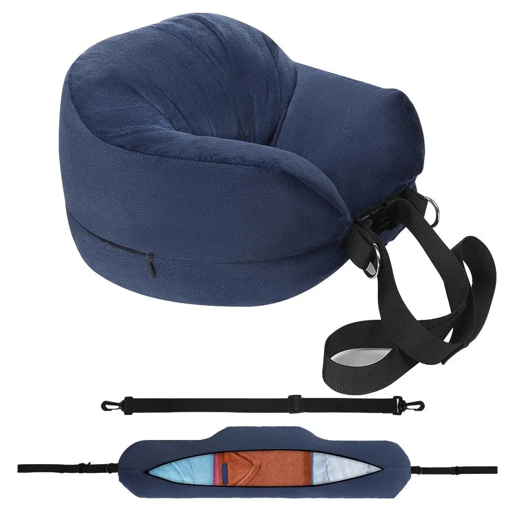 Navy Blue-1 | Fillable Velvet Travel Pillow with Storage Bag, angled view with strap and storage bag