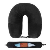 black | Fillable Velvet Travel Pillow with Storage Bag, front view with storage bag