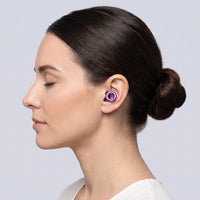 Purple | Quiet Silicone Ear Plugs for Sleep & Motorcycling, worn, woman