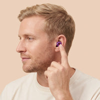 Purple | Quiet Silicone Ear Plugs for Sleep & Motorcycling, worn, man