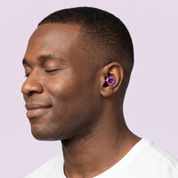 Purple | Quiet Silicone Ear Plugs for Sleep & Motorcycling, worn, man portrait
