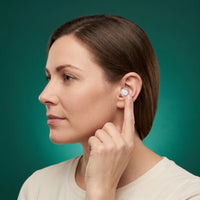 White | High-Fidelity Concert Ear Plugs with Case, worn, woman touching ear