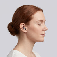 Silver | Quiet Silicone Ear Plugs for Sleep & Motorcycling, worn, woman