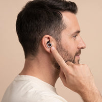 Silver | Quiet Silicone Ear Plugs for Sleep & Motorcycling, worn, man