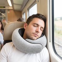 All colors | Roll-Up Memory Foam Travel Neck Pillow, worn, man sleeping on a train