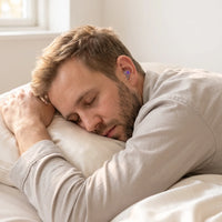 Purple-05 | High-Fidelity Washable Silicone Ear Plugs, worn, asleep stomach