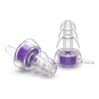 Purple | High-Fidelity Concert Ear Plugs with Case, pair lying and standing
