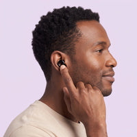 Black 1 | Quiet Silicone Ear Plugs for Sleep & Motorcycling, worn, man portrait