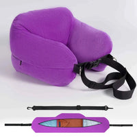 Purple | Fillable Washable U-Shaped Travel Pillow, angled view with strap and open zipper