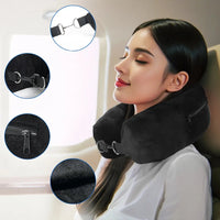 All colors | Fillable Velvet Travel Pillow with Storage Bag, woman on airplane with buckle, zipper and fabric details