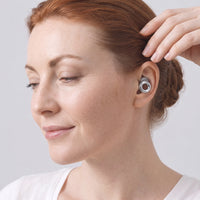 Silver 1 | Quiet Silicone Ear Plugs for Sleep & Motorcycling, worn, woman