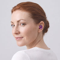 Purple 1 | Quiet Silicone Ear Plugs for Sleep & Motorcycling, worn, woman