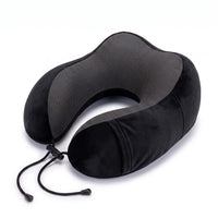 Black | U-Shaped Memory Foam Airplane Neck Pillow, three-quarter view