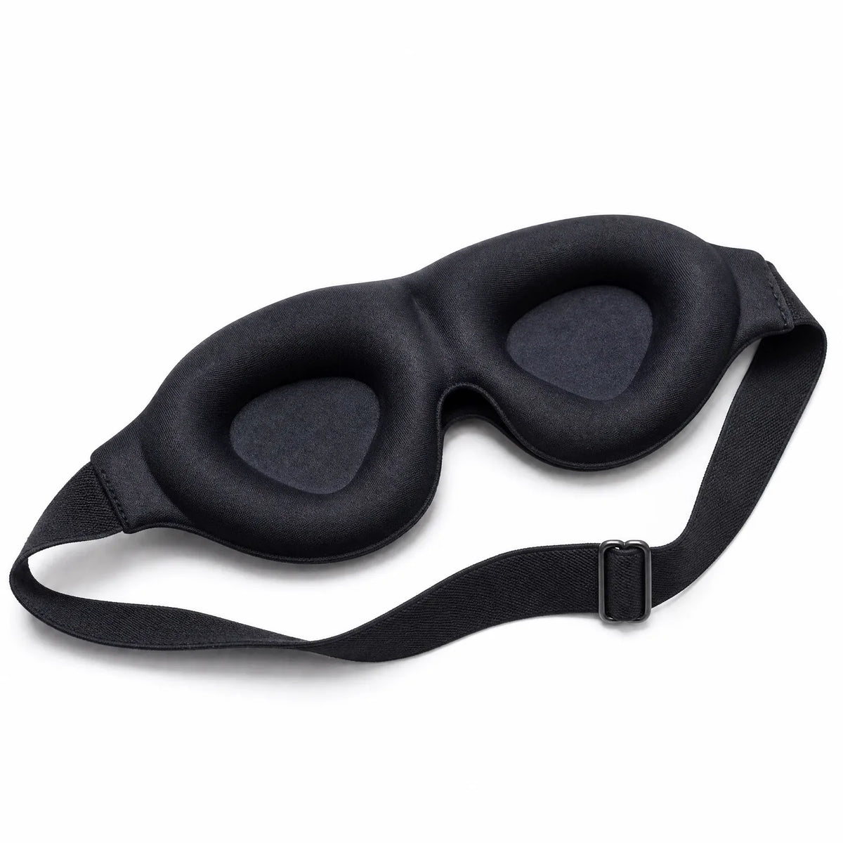 black | 3D Concave Cup Blackout Sleep Mask, three-quarter view from the inside, adjustable strap