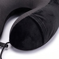 Black | U-Shaped Memory Foam Airplane Neck Pillow, close-up of velvet cover and mesh