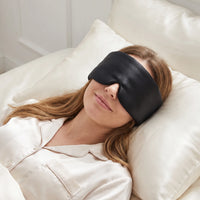 Black | Silk Satin Sleep Mask, worn, woman asleep