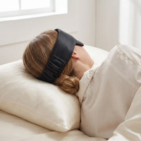 Black | Silk Satin Sleep Mask, worn, woman behind