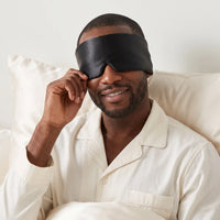 Black | Silk Satin Sleep Mask, worn, man sitting