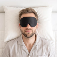 black | 3D Concave Cup Blackout Sleep Mask, man sleeping on his back, top view
