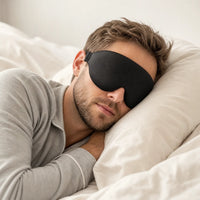 black | 3D Concave Cup Blackout Sleep Mask, man sleeping on his side, in bed