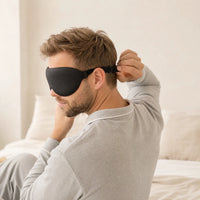 black | 3D Concave Cup Blackout Sleep Mask, man adjusting the strap