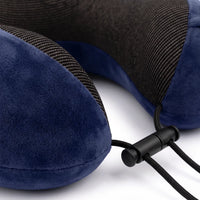 Dark blue | U-Shaped Memory Foam Airplane Neck Pillow, close-up of velvet cover, mesh and cord lock