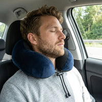 Dark blue | U-Shaped Memory Foam Airplane Neck Pillow, man napping in a car