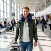Dark blue | U-Shaped Memory Foam Airplane Neck Pillow, man walking through the airport