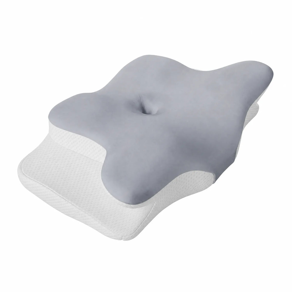DARK GRAY | Cooling Memory Foam Pillow (66×40 cm), angled view, gray velvet top and white mesh side