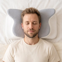 DARK GRAY | Cooling Memory Foam Pillow (66×40 cm), man lying on his back, neck supported