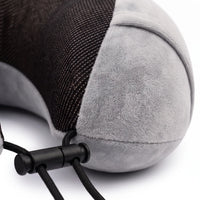 Grey | U-Shaped Memory Foam Airplane Neck Pillow, close-up of velvet cover, mesh and cord lock