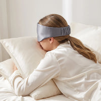 Grey | Silk Satin Sleep Mask, worn, woman behind